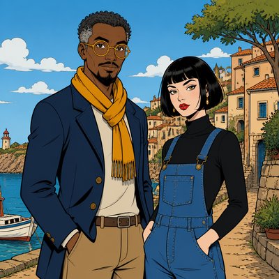 two original characters side by side: a tall dark-skinned man with round gold glasses, gray-flecked short hair and a mustard scarf, and a pale woman with a sleek black bob, red lipstick and denim overalls
