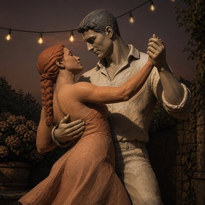 an original couple dancing under string lights in a garden at dusk: a man with short black hair in a linen shirt and a woman with braided red hair in a summer dress