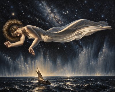 a painting of a woman floating in the air
