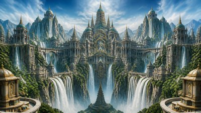a cliffside city with waterfalls cascading into a misty canyon, wide establishing shot, no people, no text