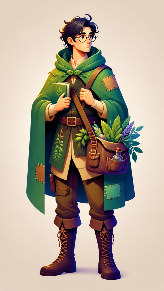 full-body original character: a wandering botanist with a satchel of plants, a patched green cloak, tall boots and round glasses, neutral background