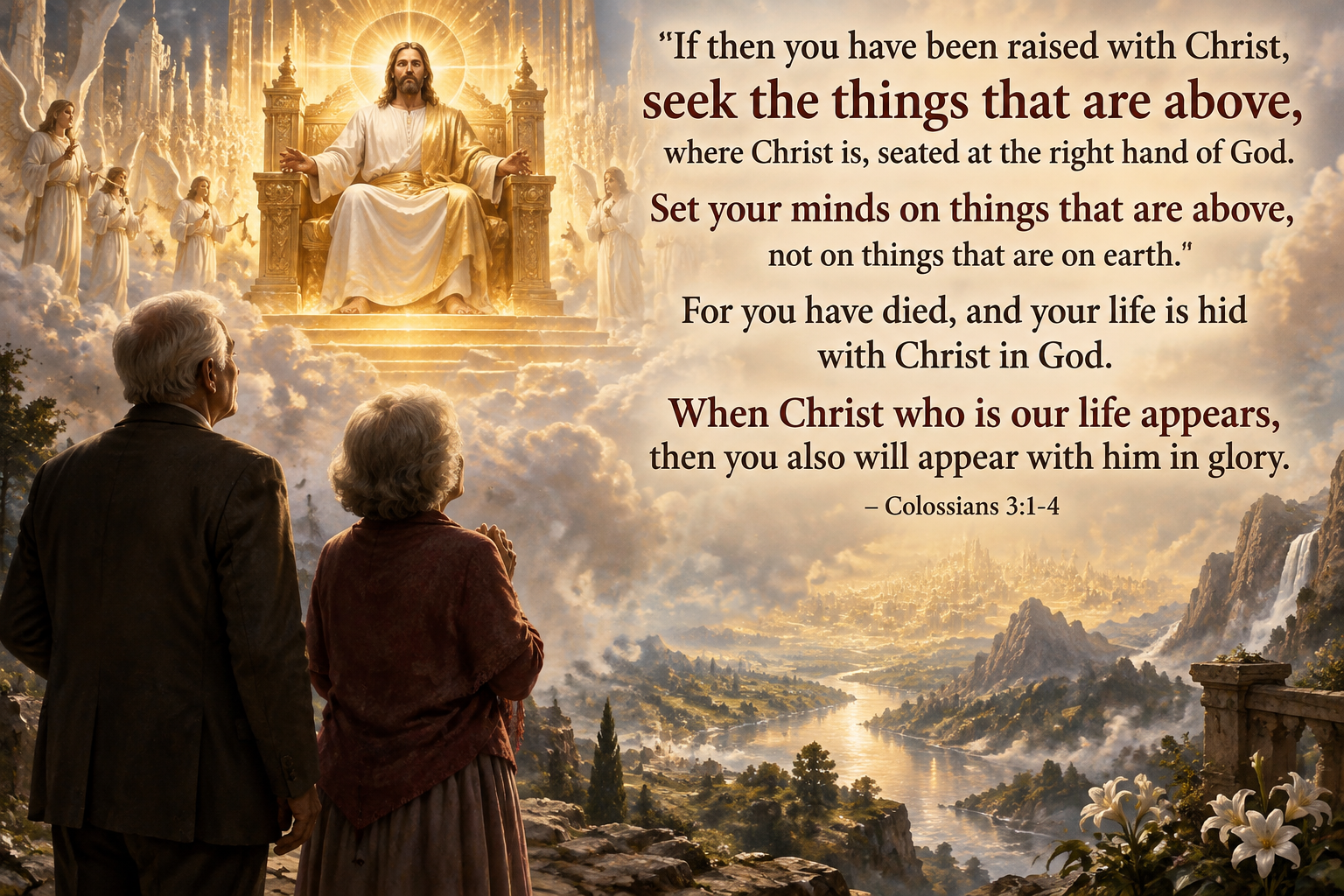 show older woman and older man man both standing and seeing Jesus on his throne looking at them, use a large font for the quote from the Scripture verse “If then you have been raised with Christ, seek the things that are above, where Christ is, seated at the right hand of God. Set your minds on things that are above, not on things that are on earth. For you have died, and your life is hid with Christ in God. When Christ who is our life appears, then you also will appear with him in glory.”
– Colossians 3:1-4
