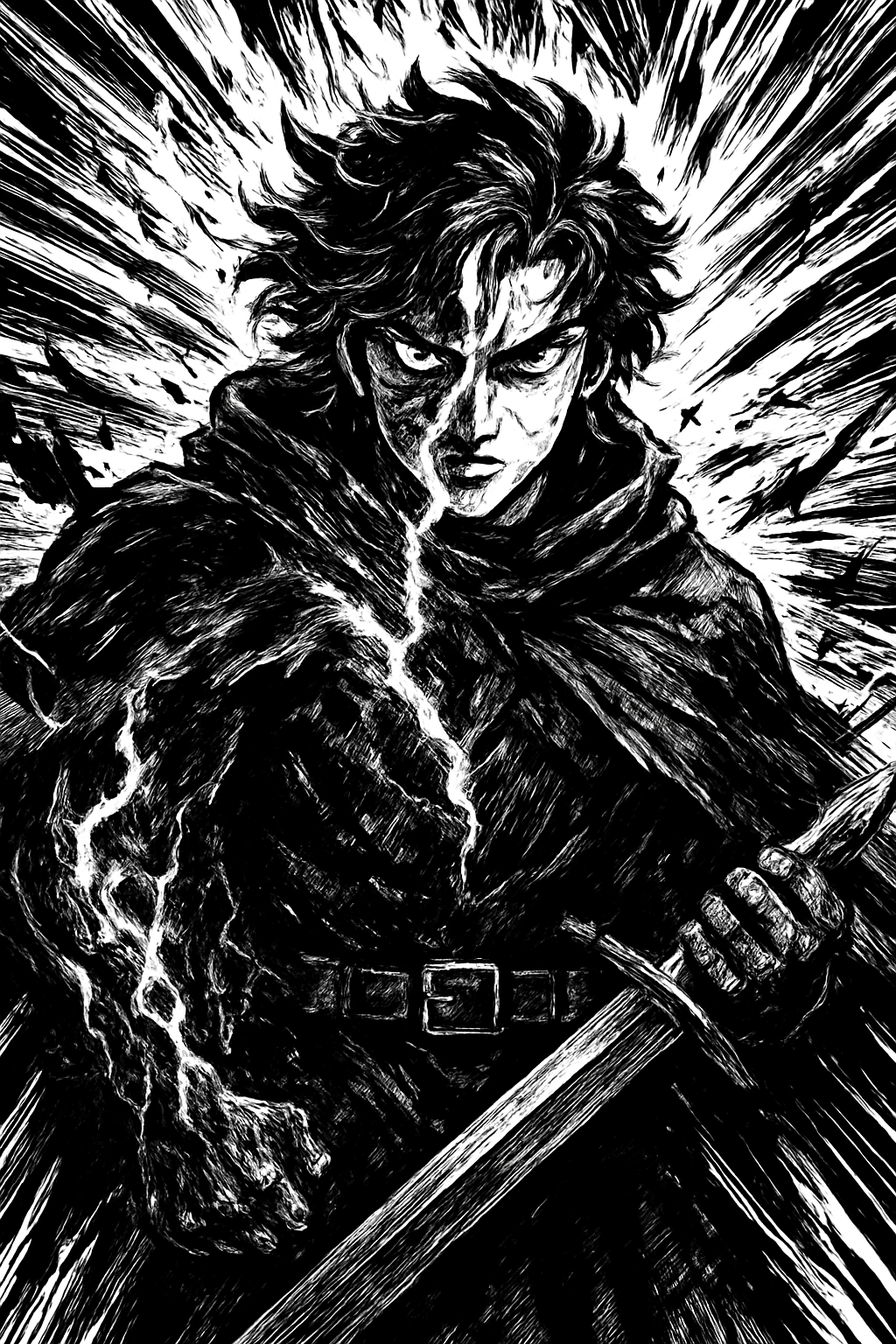 a black and white drawing of a man holding a sword