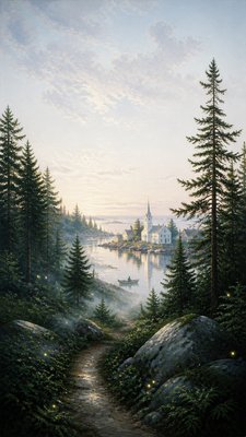 a mysterious forest path with fireflies and drifting mist, atmospheric vertical composition with open space at the top, no text