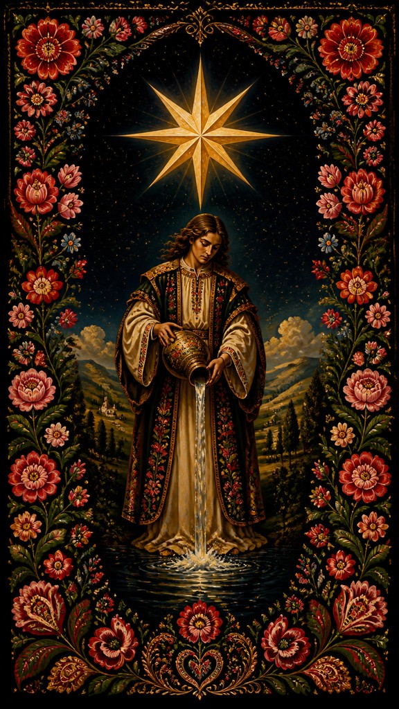 a robed figure pouring water beneath a large eight-pointed star in a night sky, symmetrical composition with an ornate decorative border, no text