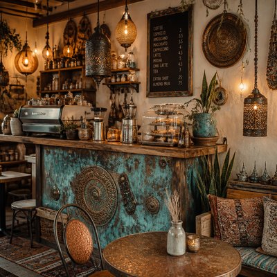 cozy cafe interior with warm lighting