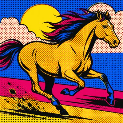 a galloping horse with flowing mane, side view