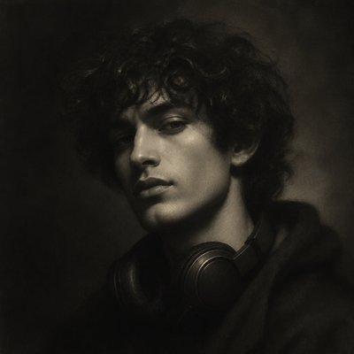 head-and-shoulders portrait of an original character: a young man with curly dark hair and headphones around his neck, plain backdrop, no text