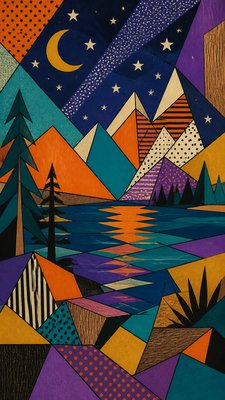 a tranquil mountain lake beneath a starry night sky, no people, no text