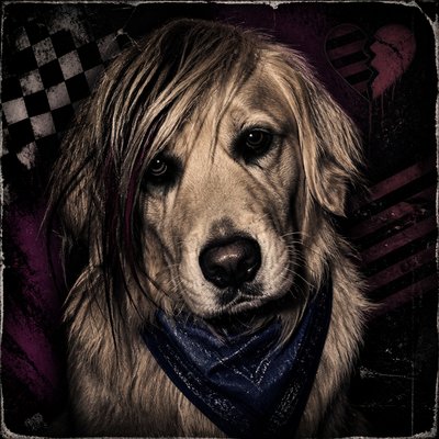 portrait of a golden retriever wearing a blue bandana, warm plain backdrop, no text