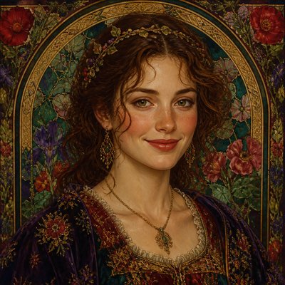 head-and-shoulders portrait of an original character: a young woman with wavy chestnut hair and a warm smile, plain soft backdrop