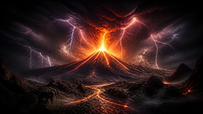 an erupting volcano with lightning strikes, dramatic wide composition, no text