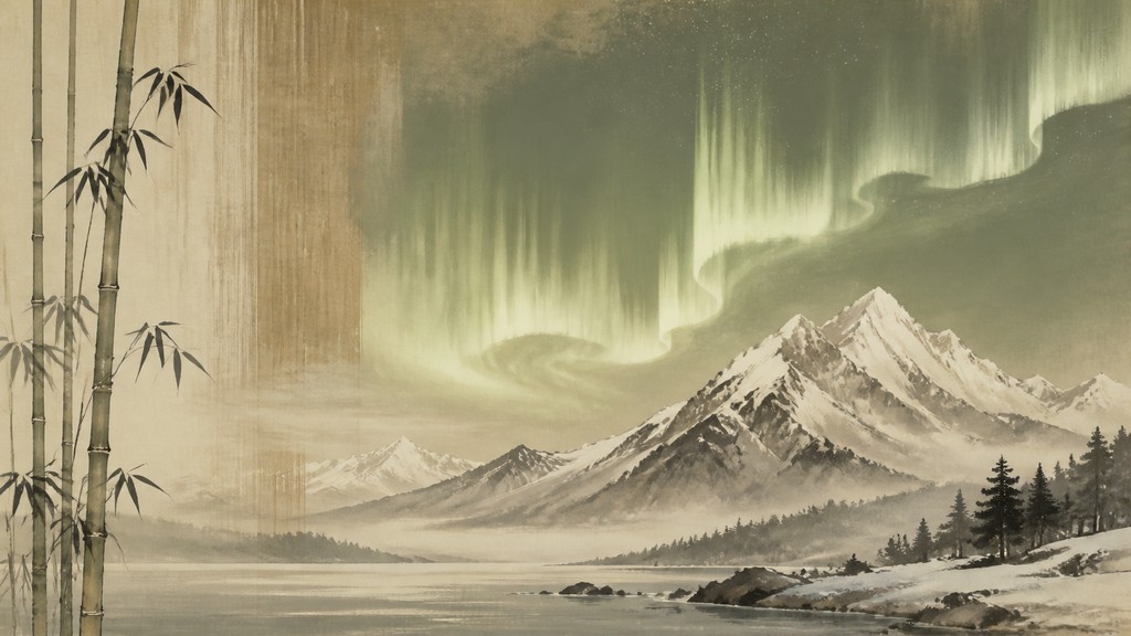 a flowing aurora over snowy peaks, wide sweeping composition, no people, no text