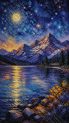 a tranquil mountain lake beneath a starry night sky, no people, no text