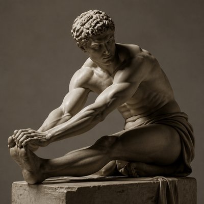 ancient greek athlete doing leg stretching exercise
