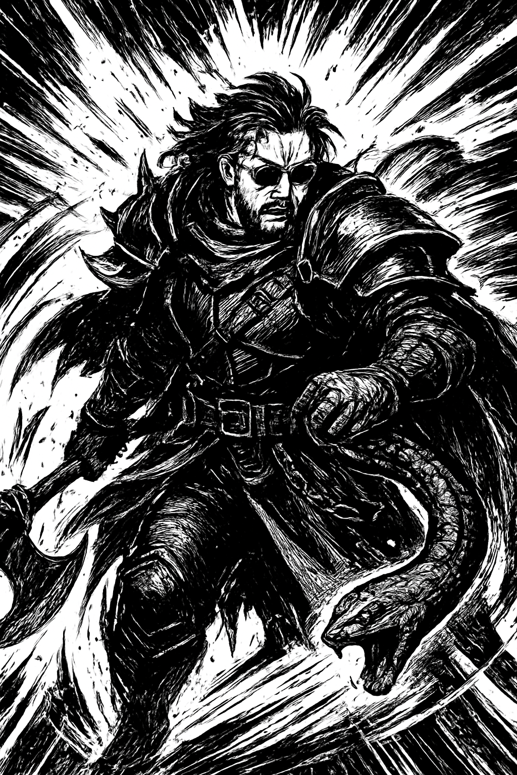 a black and white drawing of a man with a sword