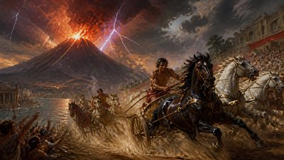 an erupting volcano with lightning strikes, dramatic wide composition, no text