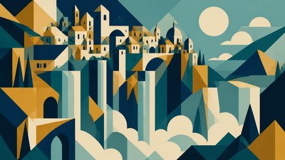 a cliffside city with waterfalls cascading into a misty canyon, wide establishing shot, no people, no text