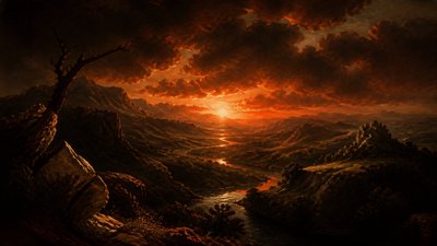 a vast valley with a river winding toward distant mountains at sunrise, no people, no text