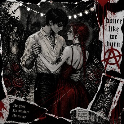an original couple dancing under string lights in a garden at dusk: a man with short black hair in a linen shirt and a woman with braided red hair in a summer dress