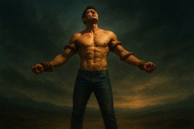 a man with his arms spread out in front of a dark background