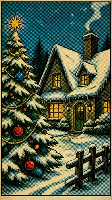 a snow-covered cottage with warm glowing windows beside a decorated pine tree, gentle snowfall, no text