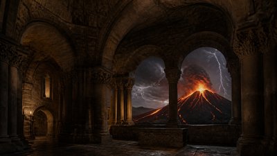 an erupting volcano with lightning strikes, dramatic wide composition, no text