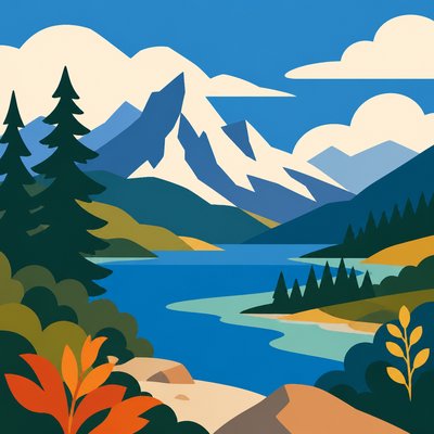 wide landscape with natural scenery — Flat Shape Art Style