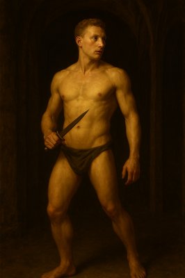 a painting of a man with a knife in his hand