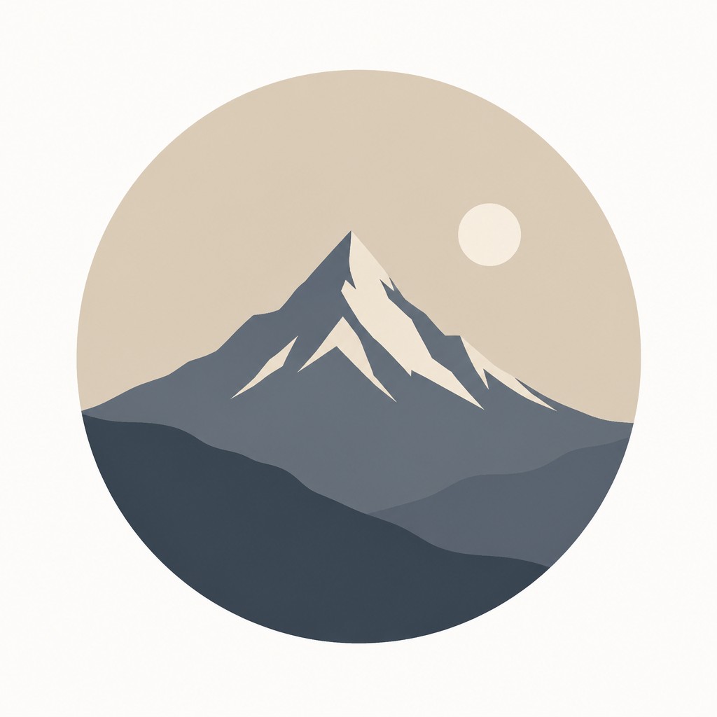 an emblem of a mountain peak inside a circle, simple bold shapes on a plain background, no text or lettering
