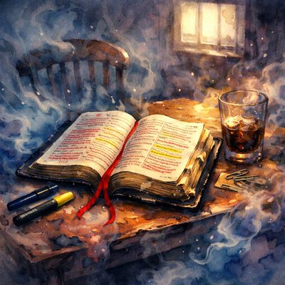 An interior scene.  An old Bible with dog-eared pages, a black leather cover, and words of Christ in red sits open on a table.  The camera sees the Bible at a 45 degree angle.  The table and chair are old and worn, sitting on a worn carpet on a wood plank floor.  There are some pens and highlighters, along with a  red ribbon bookmark, a half-empty drink and some paper clips.  The room is in low-light, and a small window is in the background.  Someone has been studying and just stepped away for a moment.  Some lines in the Bible are highlighted yellow.
