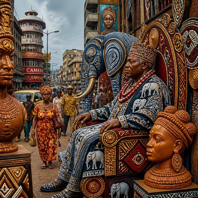urban street with city activity — Cameroonian Art Style