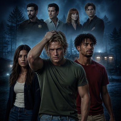 Ok tu me fait 7 personnages de roman , on va commencer avec un homme dans la trentaine tres beau il est blond, il passe sa main dans ses cheveux, on voit le biceps il est en T-shirt avec un jean à côté de lui, il se trouve un autre mec métisse hyper séduisant a sa gauche , lui aussi décontracté. Ensuite, je veux qu’à droite tu me dessines une femme dans la vingtaine, très magnifique aussi brune, habillé un peu en mode pull color jean elle a genre un collier etc. Tres yong adulte en hauteur derrière eux. Donc pas vraiment genre sur le sol, c’est plus une image de tous les persos comme un roman un policier dans les 30 ans, et alors là je veux que tu m’écoutes un autre homme à peu près la 40 ete, les cheveux noirs ,pas gris il est blanc en air de daddy ecrivain un peu bouclé, sur les côtés, il a pas de lunettes il est en chemise, on dirait un peu un maire de la ville un daddy pas de barbe, pas de moustache. Il a l’air pas gros, mais pas maigre. J’ai encore des Daddy un petit peu musclé, mais genre pas musclé musclé genre juste un petit peu . Juste un air de Daddy. Et enfin un troisième personnage, une femme dans la trentaine quarantaine avec une frange qui a l’air d’être un peu secrétaire ou je sais pas quoi elle est rousse. Une ambiance assez froide avec un brouillard glaçant autour de une forêt, un caravane je sais pas une ambiance vraiment inquiétante et vraiment je veux une ambiance comme si on parlait d’un roman genre les trois personnes en haut, ils sont petits enfin ils sont représentés en plus petit que les trois les mais ils sont genre en haut, tu vois genre, on voit pas leurs gens et etc. comme une affiche en gros ils sont pas genre sur une montagne les trois premiers personnages, ils sont vraiment sur le sol quoi genre, on voit pas le sol, mais on voit qu’ils sont les uns derrière les autres la fille à gauche le mec noir à droite le blond devant il regarde tous faire un point fixe comme si il courait ou je sais pas le policier, je veux qu’il soit pas comme les autres, genre un policier avec une barbe, les cheveux noirs mais le mien, je ne veux en aucun cas qu’il est les cheveux gris, j’ai bien dit les cheveux noirs assez milong bouclé. Le maire  je veux qu’il ressemble à tom loftis de widow’s bay je veux vraiment que le maire comme je l’ai dit, il soit vraiment une ambiance décrivant pas un homme sérieux qui cherche l’ambition du pouvoir ou je sais pas quoi genre vraiment une une chemise démodé voilà quoi tu vois ce que je veux dire une ambiance vraiment écrivain un peu et le policier, je veux qu’il soit en uniforme de shérif. Et le métisse peut être des locks quelque chose qui le rend nique pas des comme tout le monde, je sais pas moi des wave en afro, peu importe et la fille en fait finalement je veux qu’elle ait genre un cardigan noir ou bleu Je veux une ambiance bleue pas grise et je le retiens encore une fois le maire, je ne veux pas qu’il ait la mâchoire carrée, je veux pas qu’il y ait forcément une mâchoire dessinée ou je sais pas quoi, j’ai juste dit pas gros, ça veut dire genre une mâchoire t’écrivain, légère, pas quelqu’un, on dirait, il sole kilos qui fait du sport avec la mafia ou je sais pas quoi arrête c’est bon là et mets un peu de couleur dans les dans leurs vêtements. Genre le mec blond il a un T-shirt kaki un jean bleu clair. Le mec métisse il a un T-shirt rouge sombre avec un pantalon beige je sais pas moi quelque chose la fille elle a un T-shirt blanc avec son cardigan le maire, il a une chemise beige avec des carreaux assez entrouvertes le policier bah il a son uniforme 