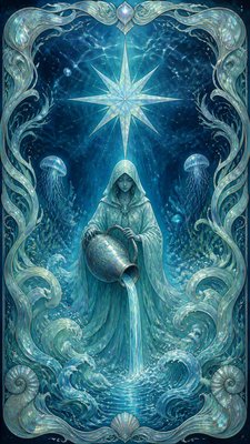 a robed figure pouring water beneath a large eight-pointed star in a night sky, symmetrical composition with an ornate decorative border, no text
