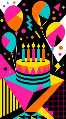 a birthday cake with lit candles surrounded by balloons and confetti, festive vertical composition, no text