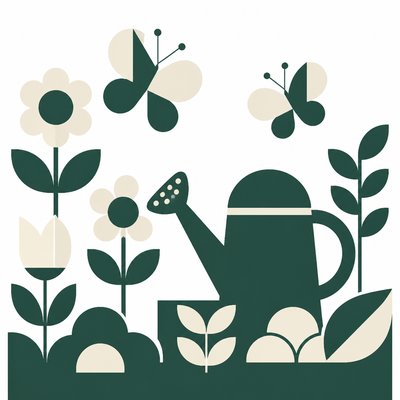 a garden scene with butterflies, flowers and a watering can, clean uncolored line art, no text
