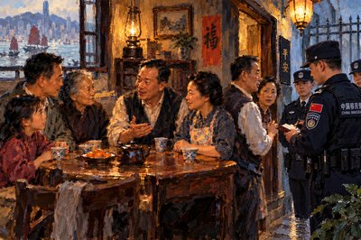 a painting of a group of people sitting around a table