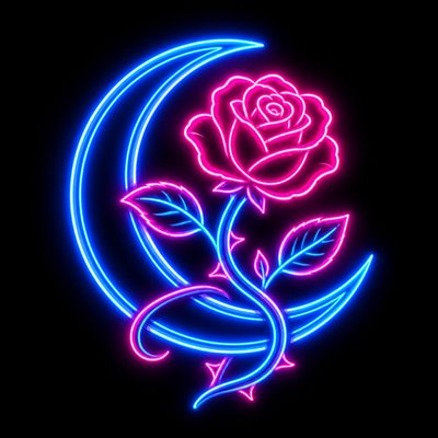 a rose entwined with a crescent moon, clean balanced composition on a plain background, no text