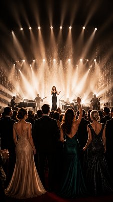 a live music scene with a glowing stage and silhouetted crowd, energetic vertical composition with open space at the top, no text