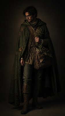 full-body original character: a wandering botanist with a satchel of plants, a patched green cloak, tall boots and round glasses, neutral background