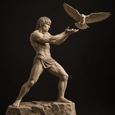 a statue of a man with a bird on his arm