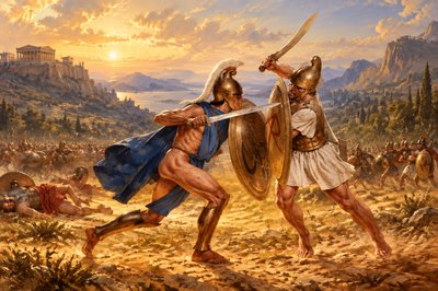 a painting of two men fighting in a field