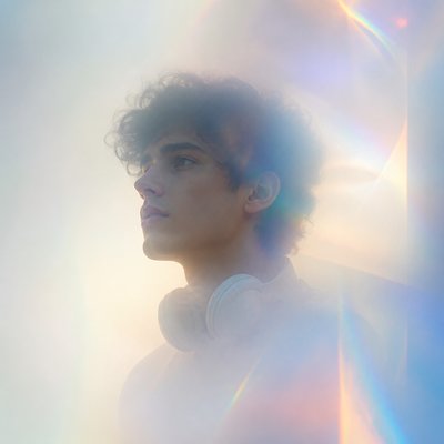 head-and-shoulders portrait of an original character: a young man with curly dark hair and headphones around his neck, plain backdrop, no text
