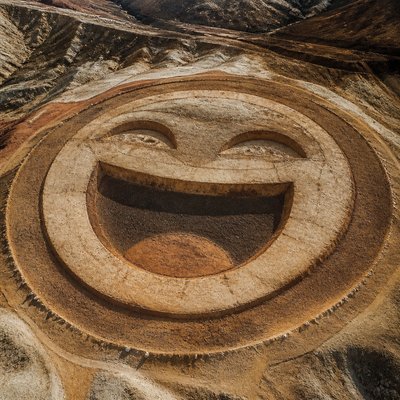 an exaggerated laughing face of an original round mascot character, bold and readable at small size, plain background, no text