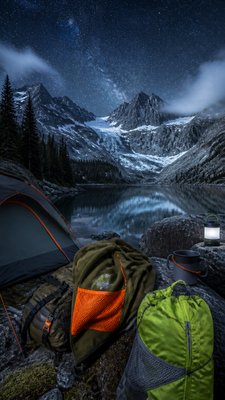 a tranquil mountain lake beneath a starry night sky, no people, no text