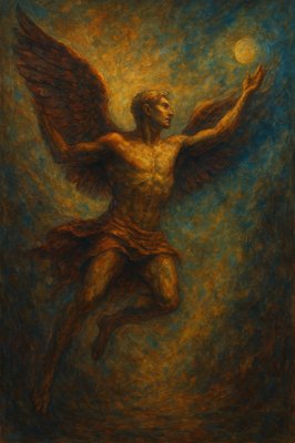 a painting of a man with wings and a moon