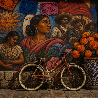 bicyle resting against a wall