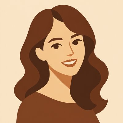 head-and-shoulders portrait of an original character: a young woman with wavy chestnut hair and a warm smile, plain soft backdrop