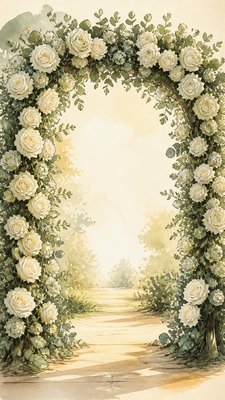 an arch of white roses and eucalyptus in soft morning light, elegant vertical composition with open space, no text