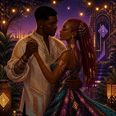 an original couple dancing under string lights in a garden at dusk: a man with short black hair in a linen shirt and a woman with braided red hair in a summer dress